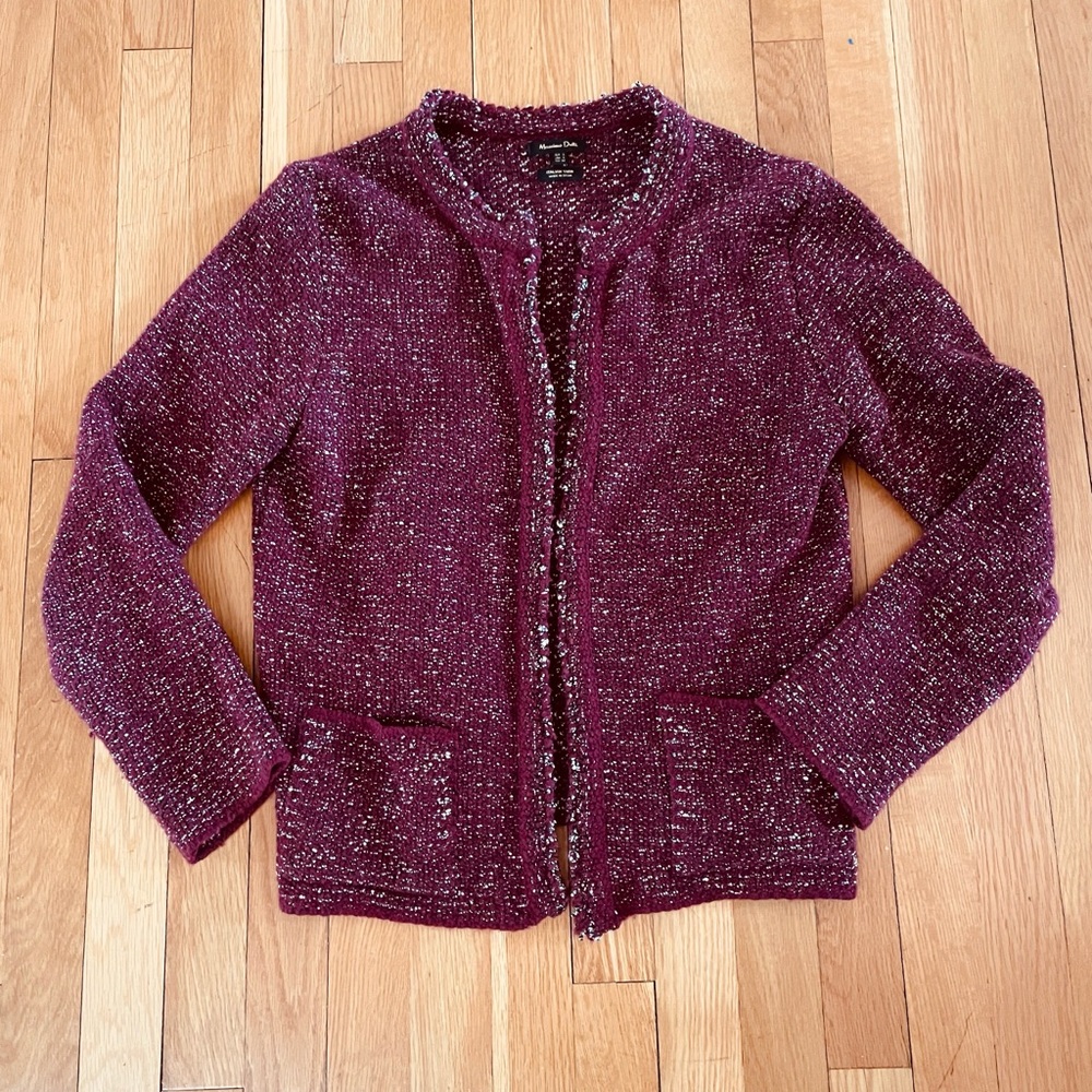 Massimo Dutti Knit Blazer Large Burgundy Sparkle
